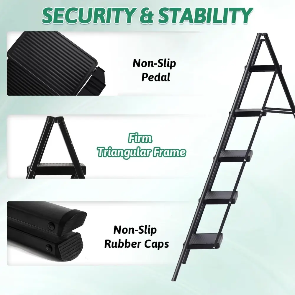 5 Step Folding Heavy Duty Step Ladder, 330 Lbs Load, Black, Iron & Plastic, 46 Inch Tall, Anti-Slip, Multi-Position, Indoor/Outd