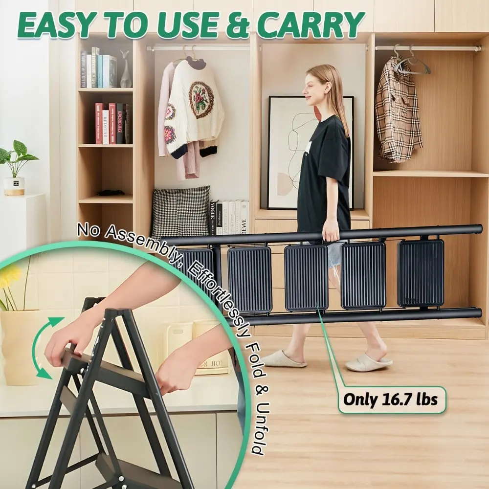 5 Step Folding Heavy Duty Step Ladder, 330 Lbs Load, Black, Iron & Plastic, 46 Inch Tall, Anti-Slip, Multi-Position, Indoor/Outd