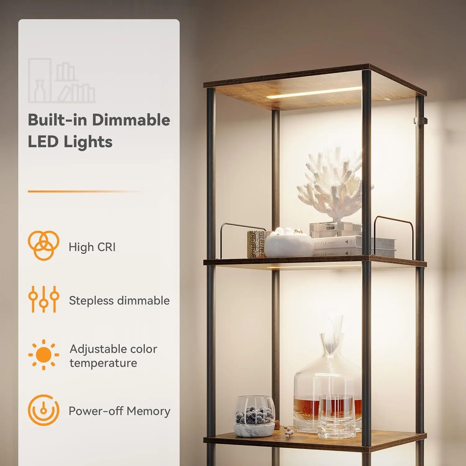 Display Shelf with Dimmable Lights, Lighted Display Cases for Collectibles, Adjustable Color Temperature and Brightness,