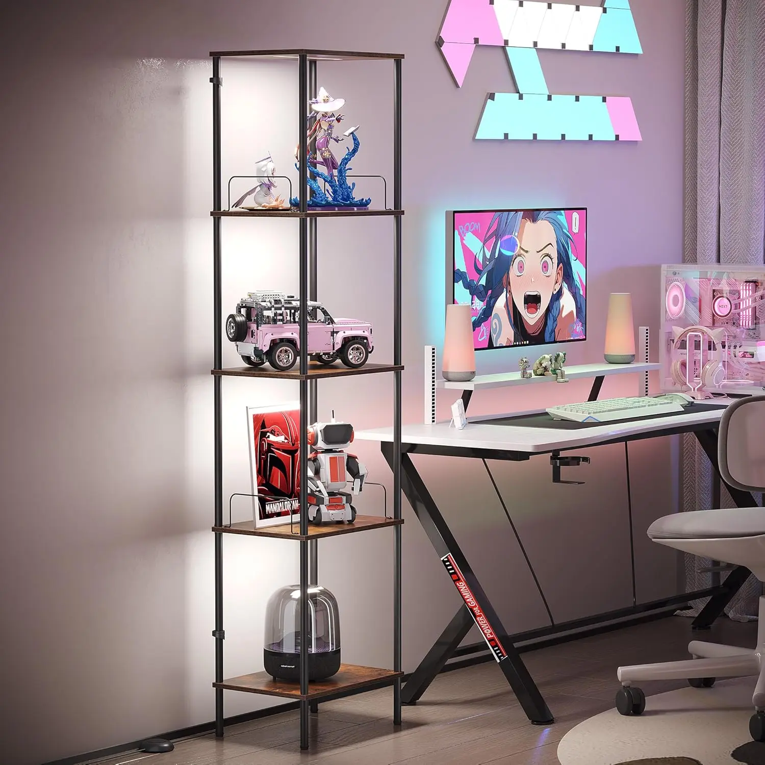 Display Shelf with Dimmable Lights, Lighted Display Cases for Collectibles, Adjustable Color Temperature and Brightness,