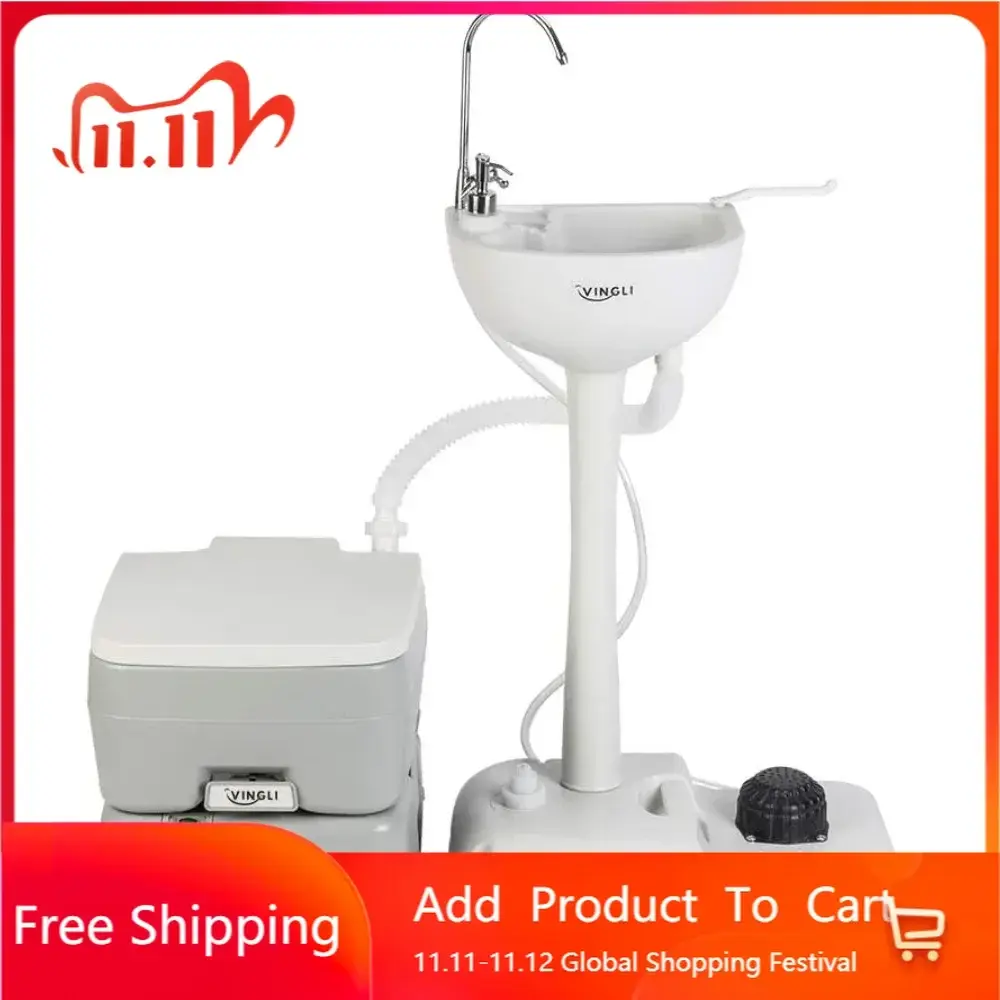 Upgraded Portable Sink and Toilet Combo| Self-contained 5 Gal Hand Washing Station & 5.3 Gal Flushing Toilet, Perfect for Campi