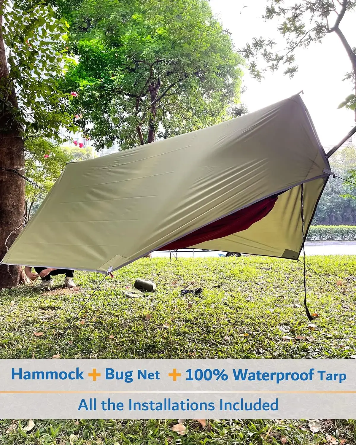 Portable Single & Double Hammock with Net, 2 Person Hammock Tent with 2 * 10ft Straps, Best for Outdoor Hiking Survival Travel