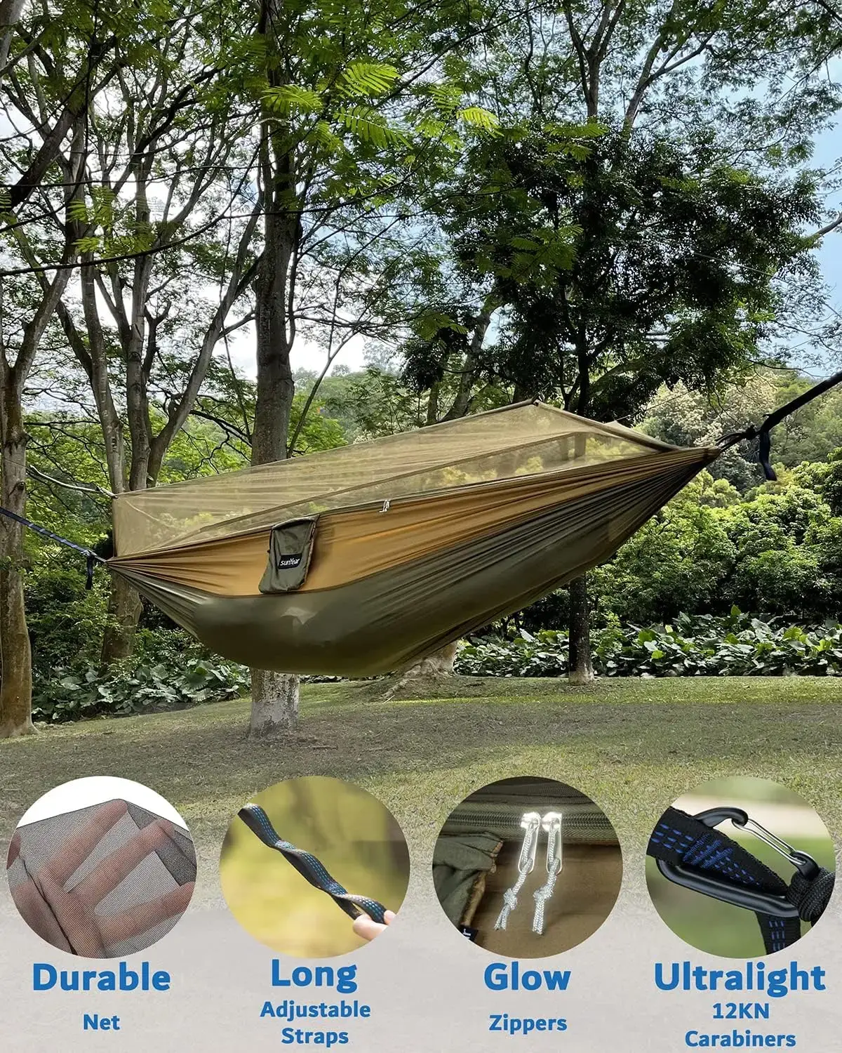 Portable Single & Double Hammock with Net, 2 Person Hammock Tent with 2 * 10ft Straps, Best for Outdoor Hiking Survival Travel