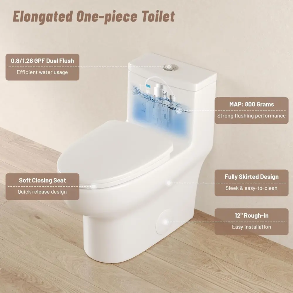 DeerValley Elongated Toilet with Comfort ADA Seat Height, Modern One Piece Toilet for Bathroom, White Dual Powerful Flush DV-1F0