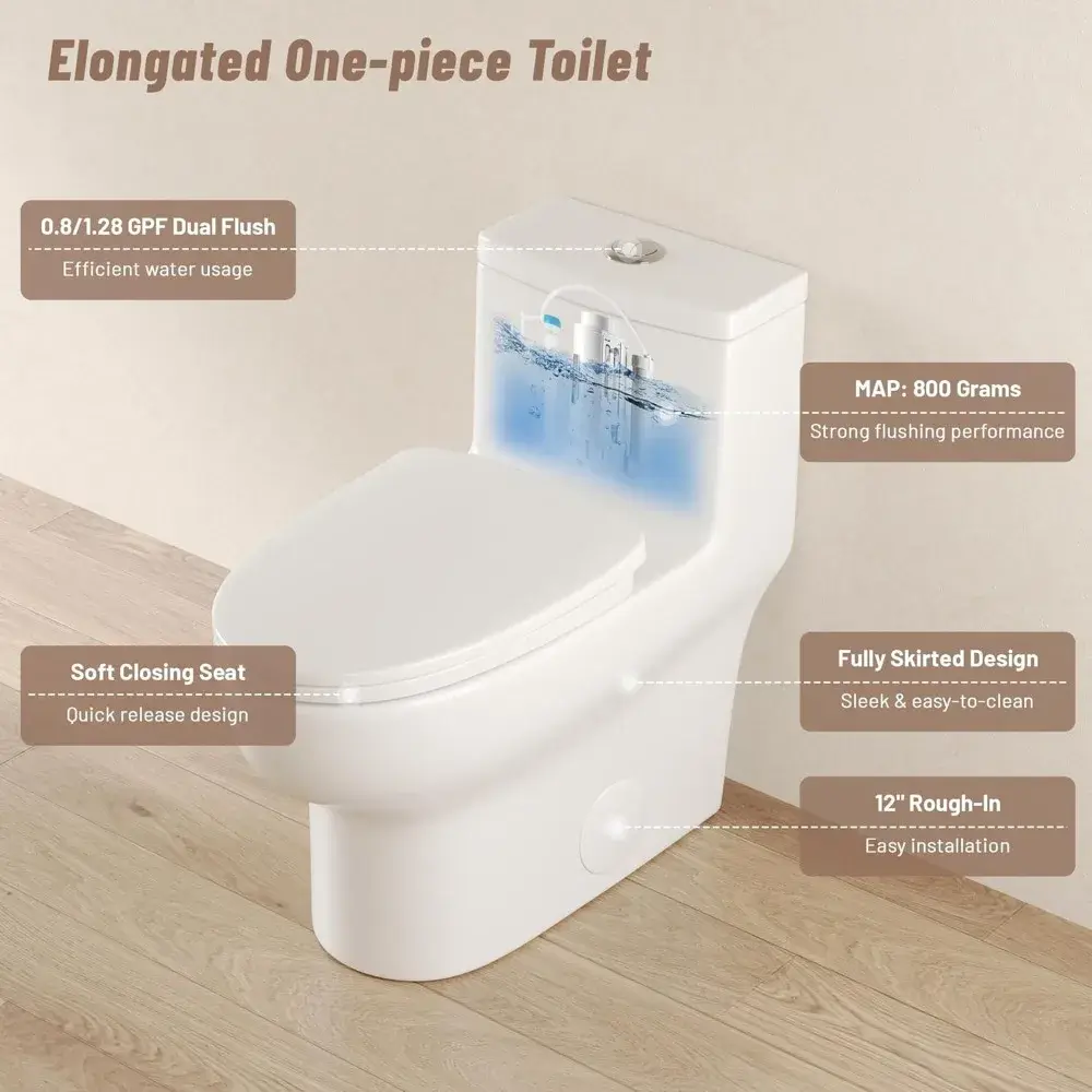 DeerValley DV-1F026 Elongated One Piece Toilet, Dual Flush 0.8/1.28 GPF Toilet with Comfortable Seat Height, Powerful & Quiet Mo