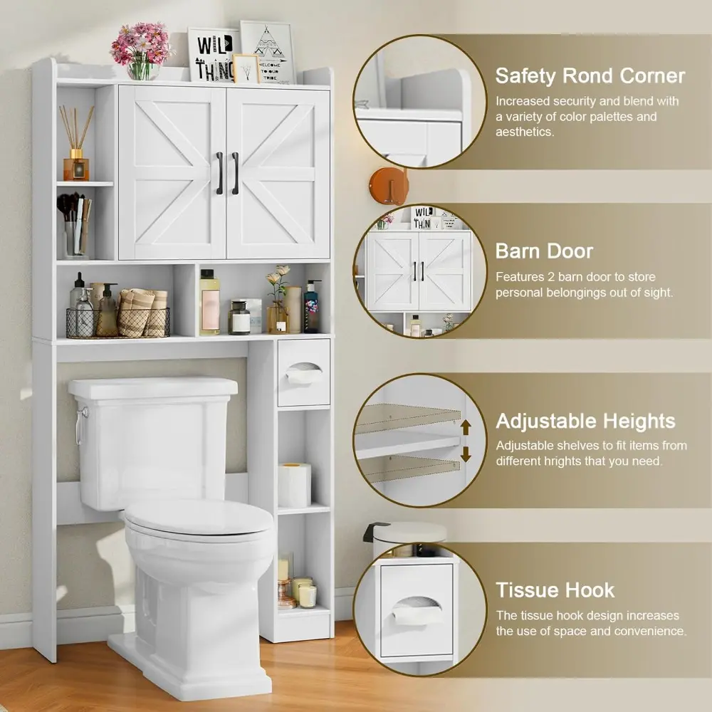 Over The Toilet Storage Cabinet, Farmhouse Storage Cabinet Over Toilet with 2 Barn Door & Toilet Paper Holder Stand，Home Space-S