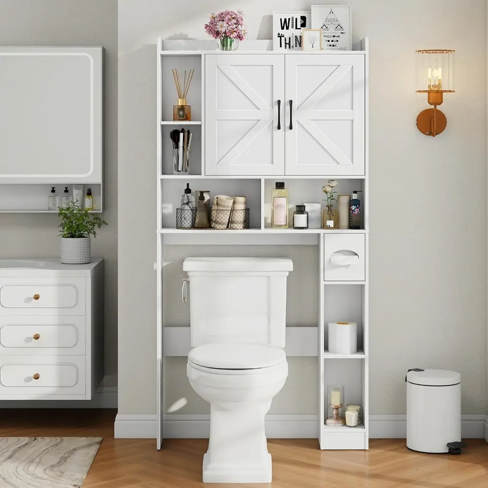 Over The Toilet Storage Cabinet, Farmhouse Storage Cabinet Over Toilet with 2 Barn Door & Toilet Paper Holder Stand，Home Space-S