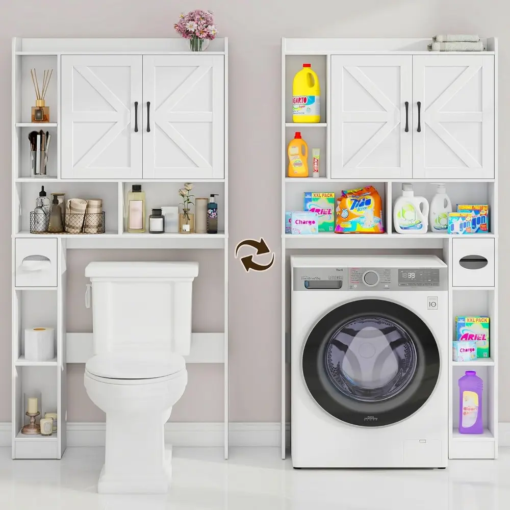 Over The Toilet Storage Cabinet, Farmhouse Storage Cabinet Over Toilet with 2 Barn Door & Toilet Paper Holder Stand，Home Space-S