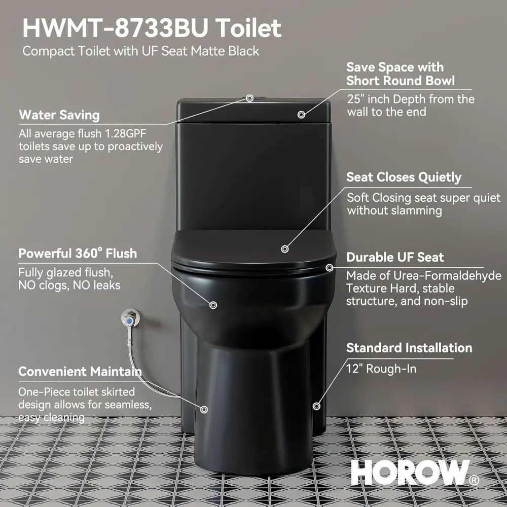 HWMT-8733BU Small Compact One Piece Toilet Matte Black, 25" Length Toilet with Soft Closing & UF Seat, 1.1/1.6 GPF Powerful Dua