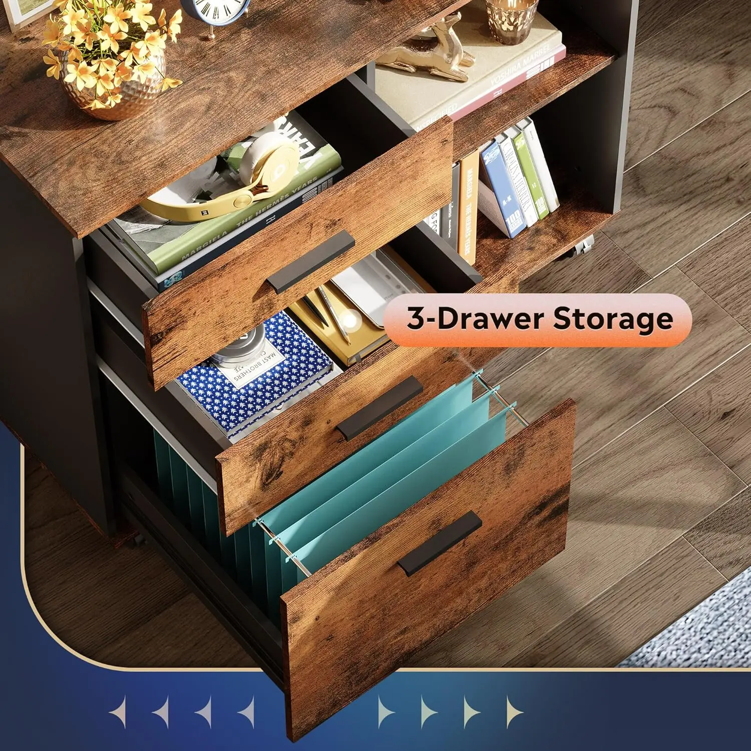 3 Drawer Mobile File Cabinet, Wood Lateral Filing Cabinet, Printer Stand with Open Shelves for Home Office, Rustic Brown