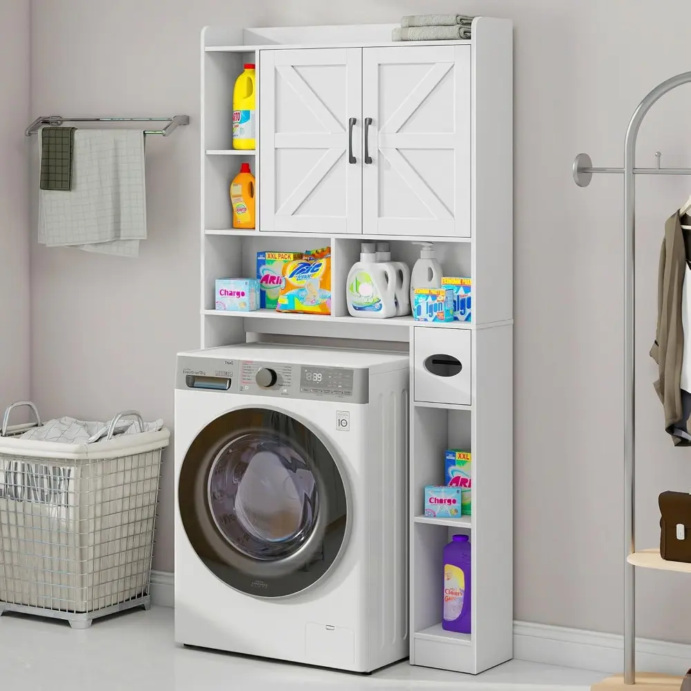 Over The Toilet Storage Cabinet, Farmhouse Storage Cabinet Over Toilet with 2 Barn Door & Toilet Paper Holder Stand，Home Space-S