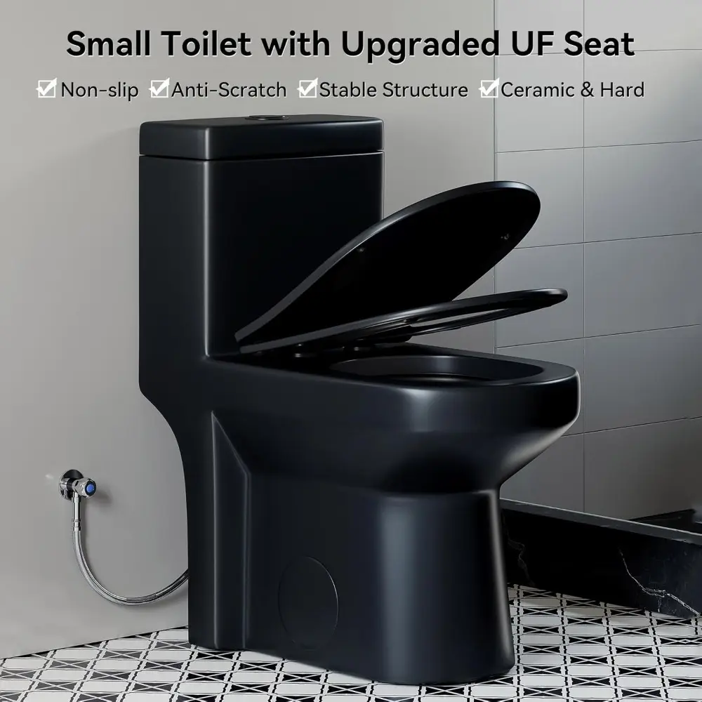 HWMT-8733BU Small Compact One Piece Toilet Matte Black, 25" Length Toilet with Soft Closing & UF Seat, 1.1/1.6 GPF Powerful Dua