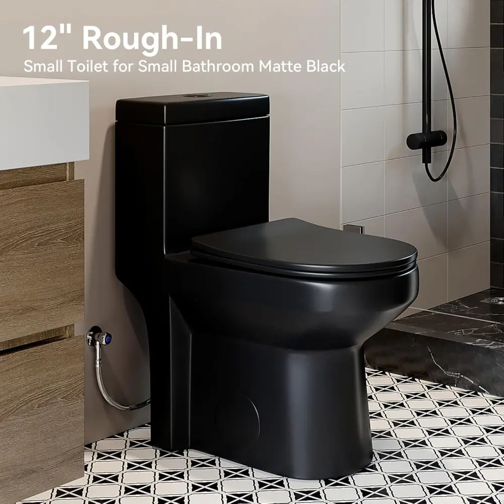 HWMT-8733BU Small Compact One Piece Toilet Matte Black, 25" Length Toilet with Soft Closing & UF Seat, 1.1/1.6 GPF Powerful Dua