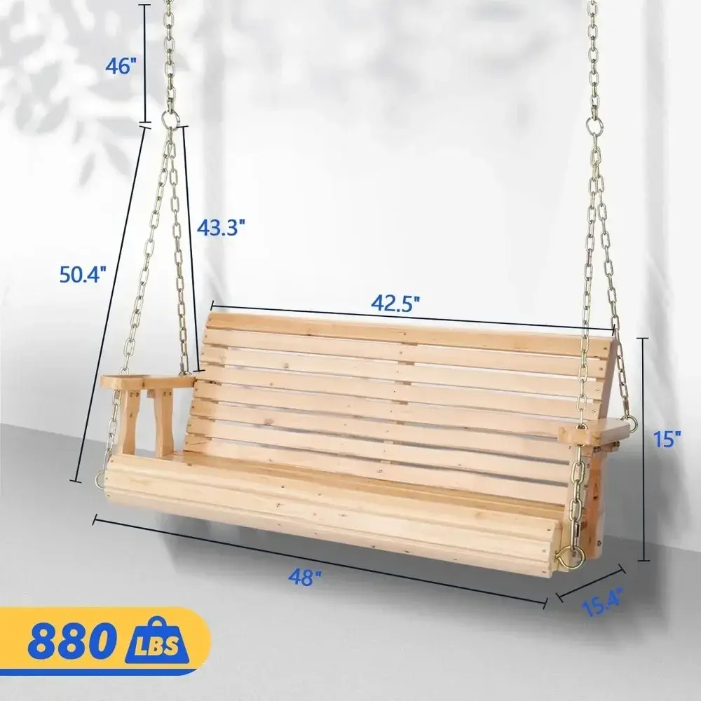 Upgraded Patio Wooden Porch Swing for Courtyard & Garden, Heavy Duty 880 LBS Swing Chair Bench with Hanging Chains for Outdoors