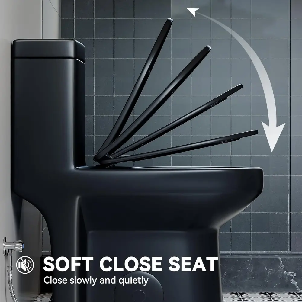 HWMT-8733BU Small Compact One Piece Toilet Matte Black, 25" Length Toilet with Soft Closing & UF Seat, 1.1/1.6 GPF Powerful Dua