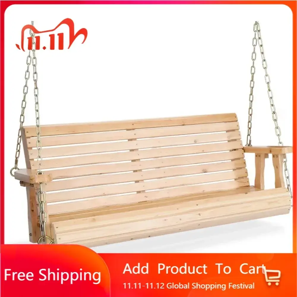Upgraded Patio Wooden Porch Swing for Courtyard & Garden, Heavy Duty 880 LBS Swing Chair Bench with Hanging Chains for Outdoors