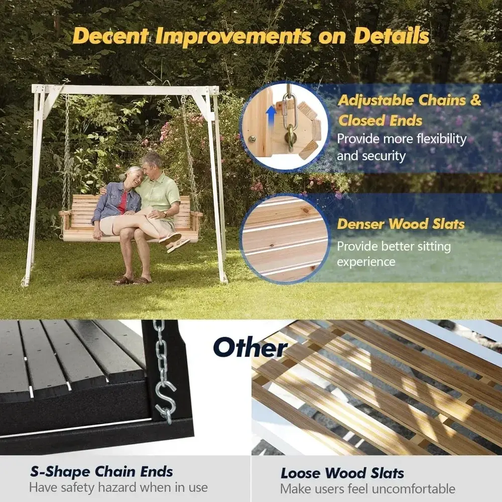 Upgraded Patio Wooden Porch Swing for Courtyard & Garden, Heavy Duty 880 LBS Swing Chair Bench with Hanging Chains for Outdoors