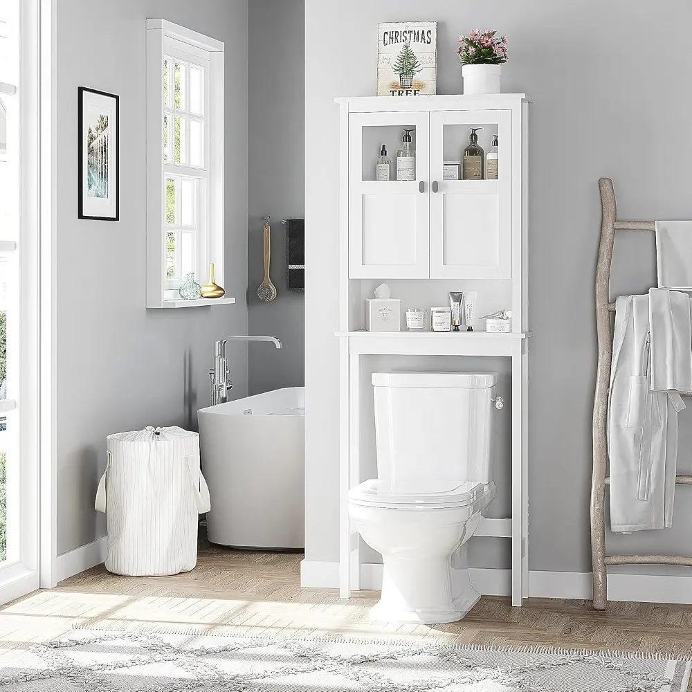 Bathroom Cabinet Over Toilet, Bathroom Storage Cabinet with Glass Doors and Adjustable Shelves, Over The Toilet Storage Cabinet