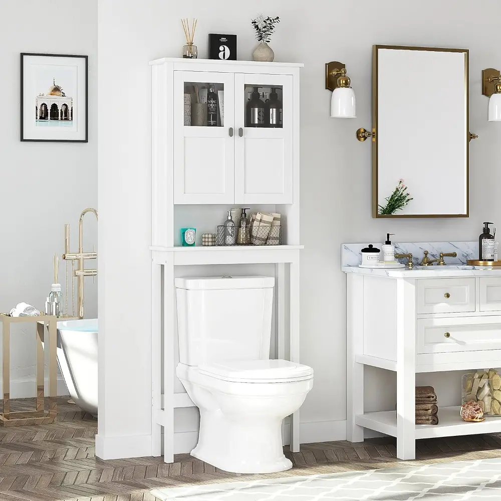 Bathroom Cabinet Over Toilet, Bathroom Storage Cabinet with Glass Doors and Adjustable Shelves, Over The Toilet Storage Cabinet