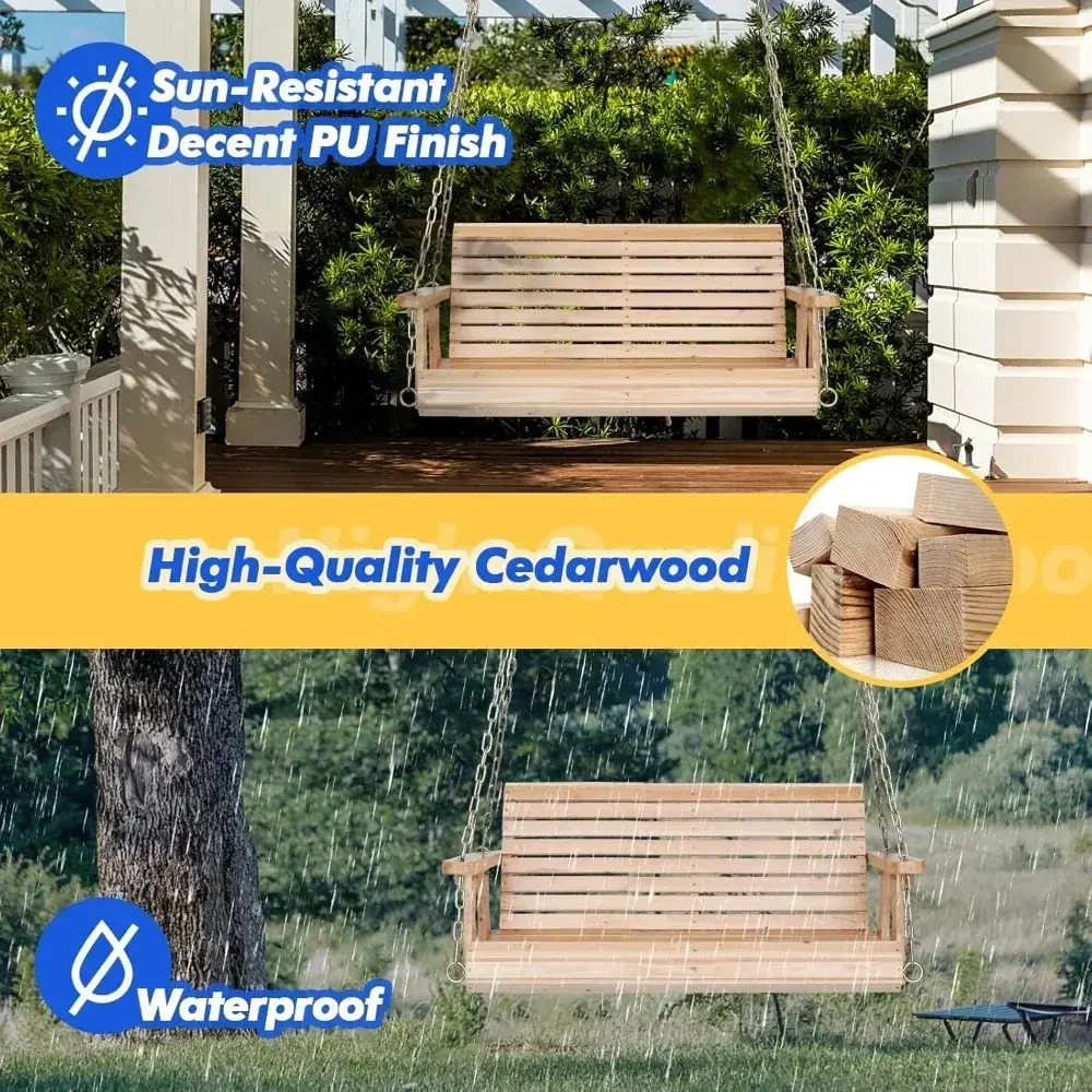 Upgraded Patio Wooden Porch Swing for Courtyard & Garden, Heavy Duty 880 LBS Swing Chair Bench with Hanging Chains for Outdoors