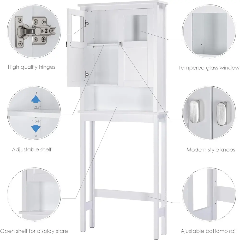 Bathroom Cabinet Over Toilet, Bathroom Storage Cabinet with Glass Doors and Adjustable Shelves, Over The Toilet Storage Cabinet