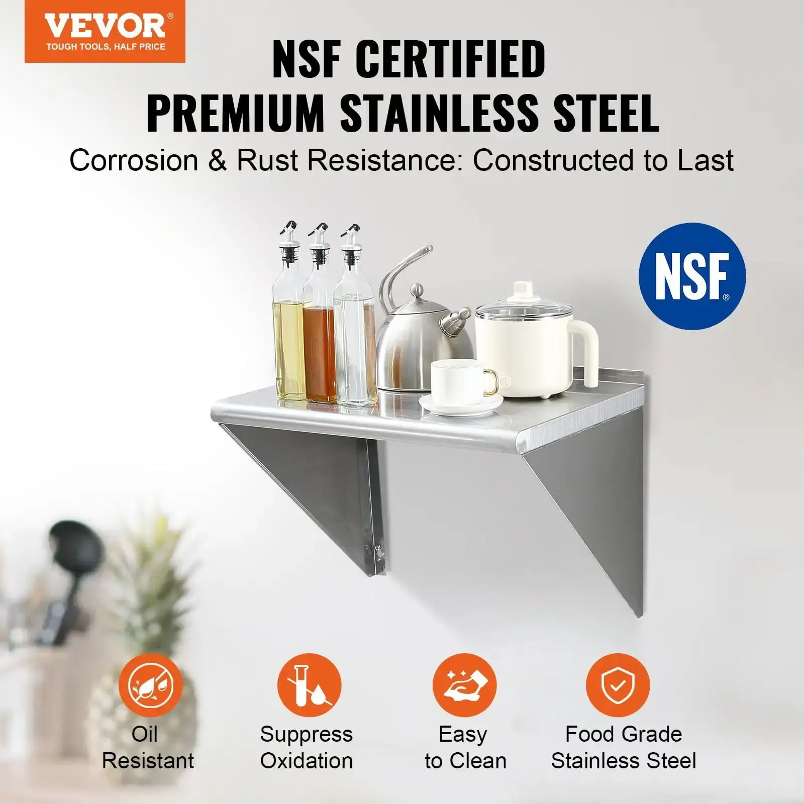 18" x 24" Stainless Steel Shelf, Wall Mounted Floating Shelving with Brackets, 300 lbs Load Capacity Commercial Shelves
