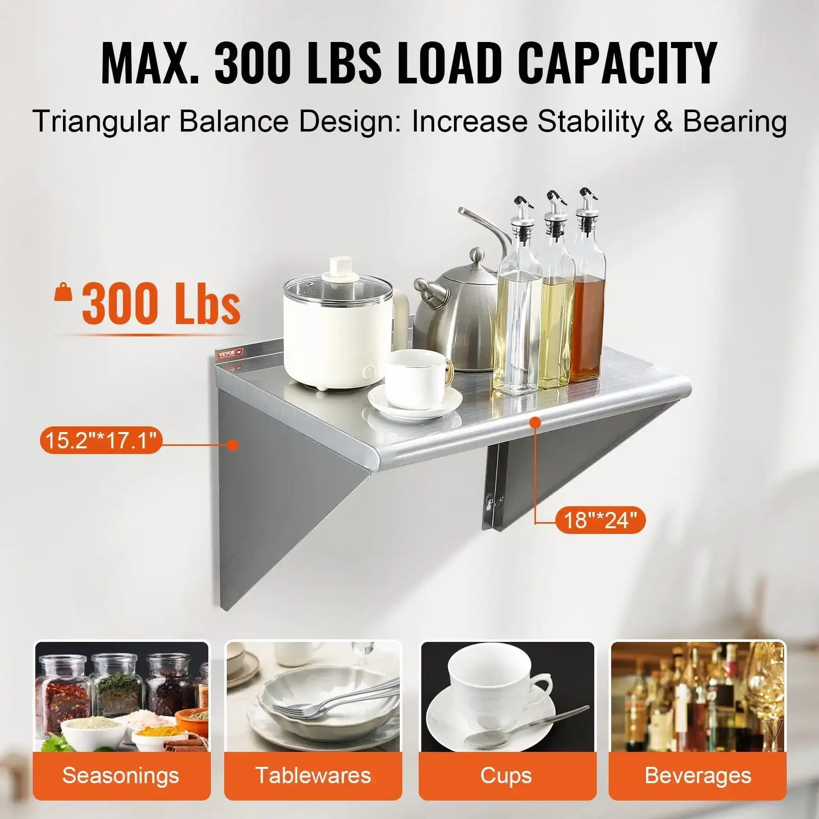 18" x 24" Stainless Steel Shelf, Wall Mounted Floating Shelving with Brackets, 300 lbs Load Capacity Commercial Shelves