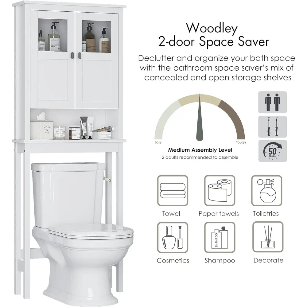 Bathroom Cabinet Over Toilet, Bathroom Storage Cabinet with Glass Doors and Adjustable Shelves, Over The Toilet Storage Cabinet