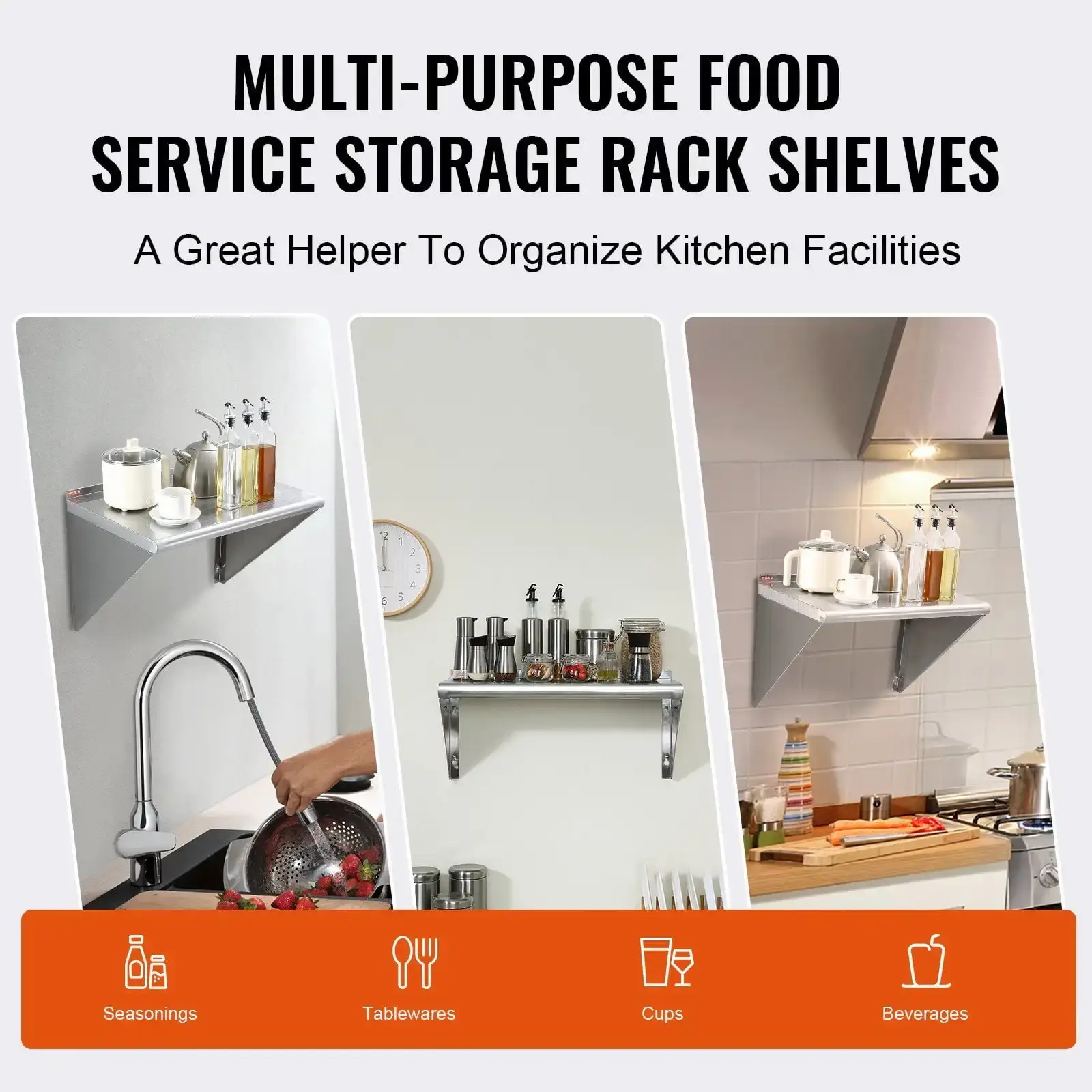18" x 24" Stainless Steel Shelf, Wall Mounted Floating Shelving with Brackets, 300 lbs Load Capacity Commercial Shelves