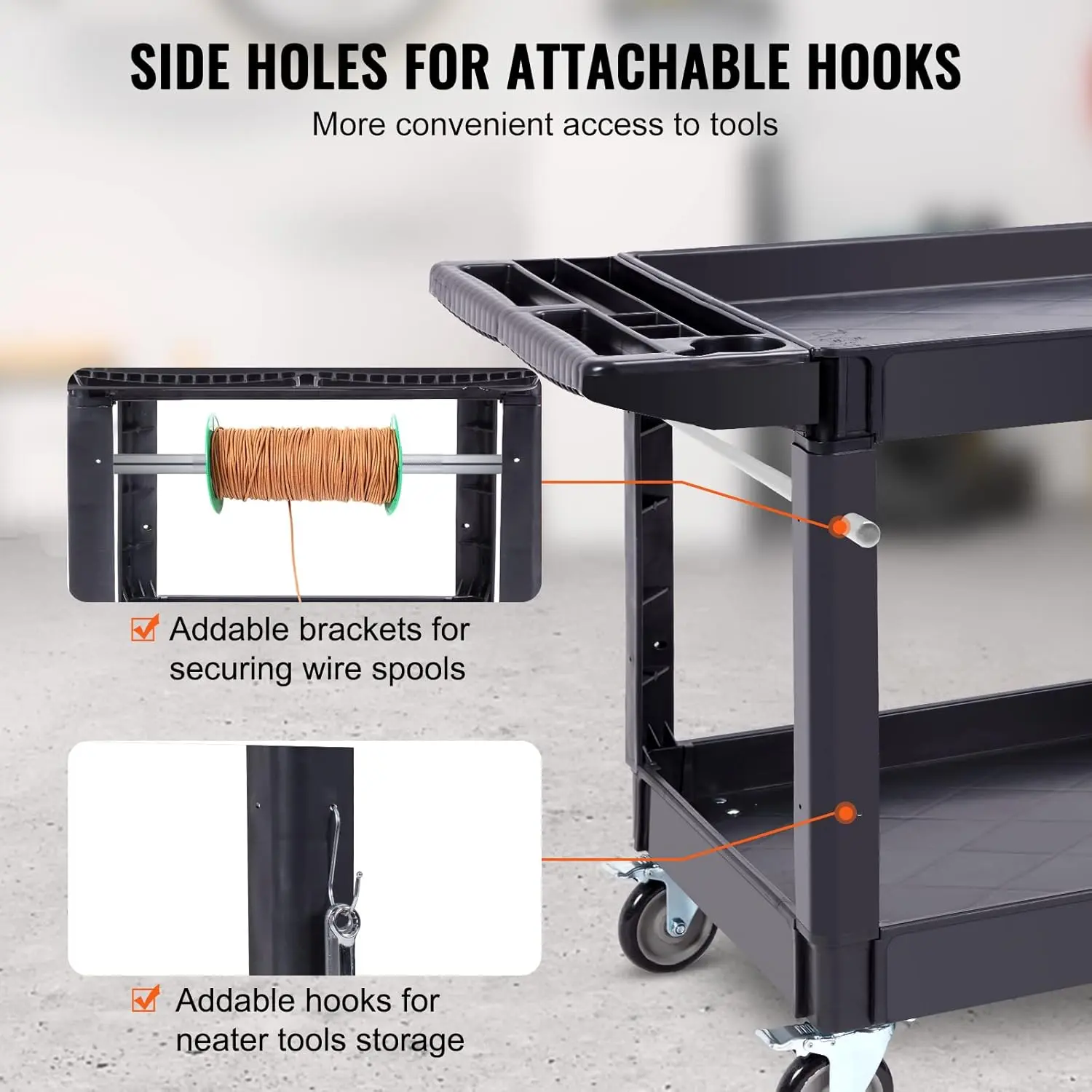 Utility Service Cart, 2 Shelf 550LBS Heavy Duty Plastic Rolling Utility Cart with 360° Swivel Wheels (2 with Brakes)