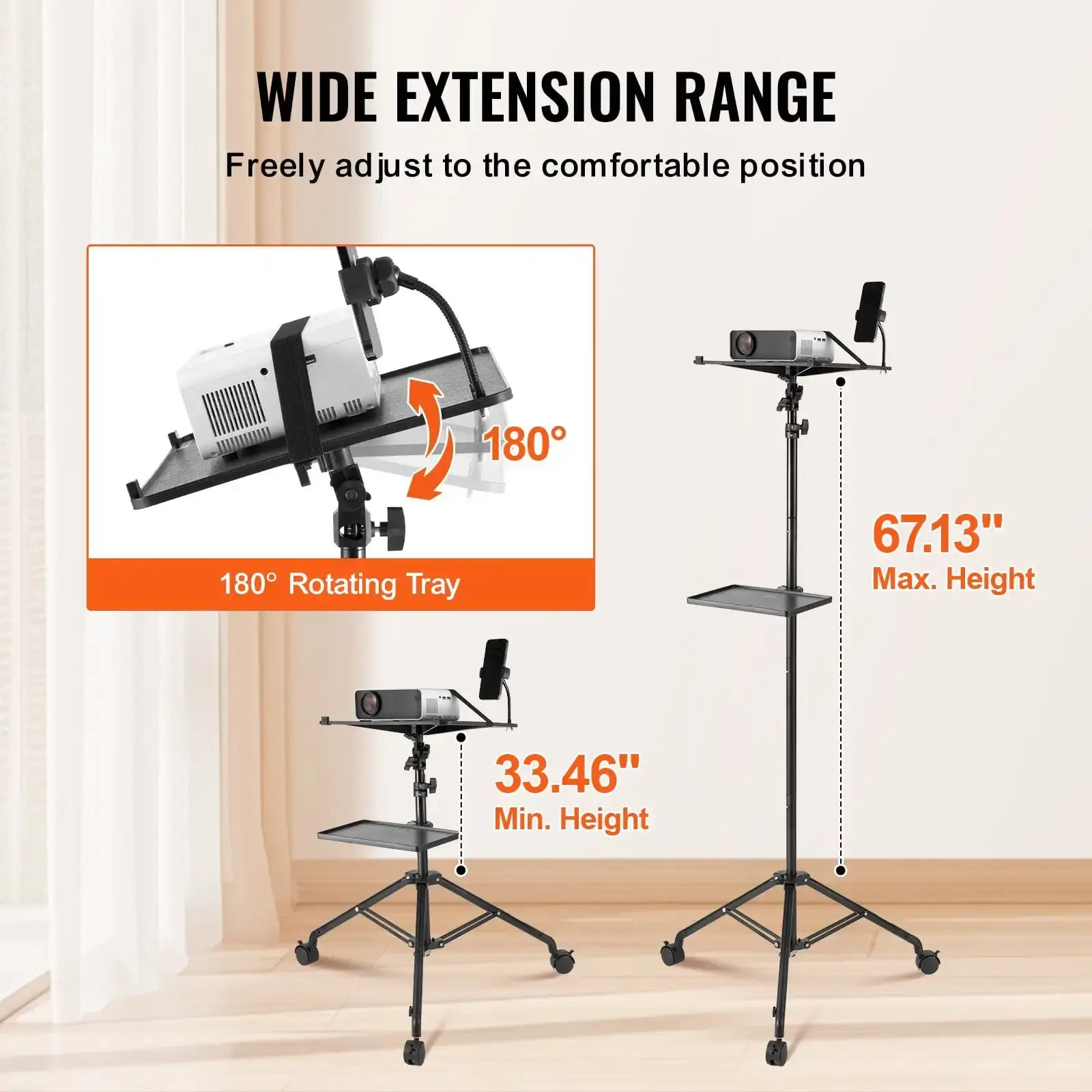 Projector Floor Stand Adjustable Height from 31.3 to 67.3 in, DJ Equipment, Projector Mount with Tray, Max Load Capacity 22 lbs