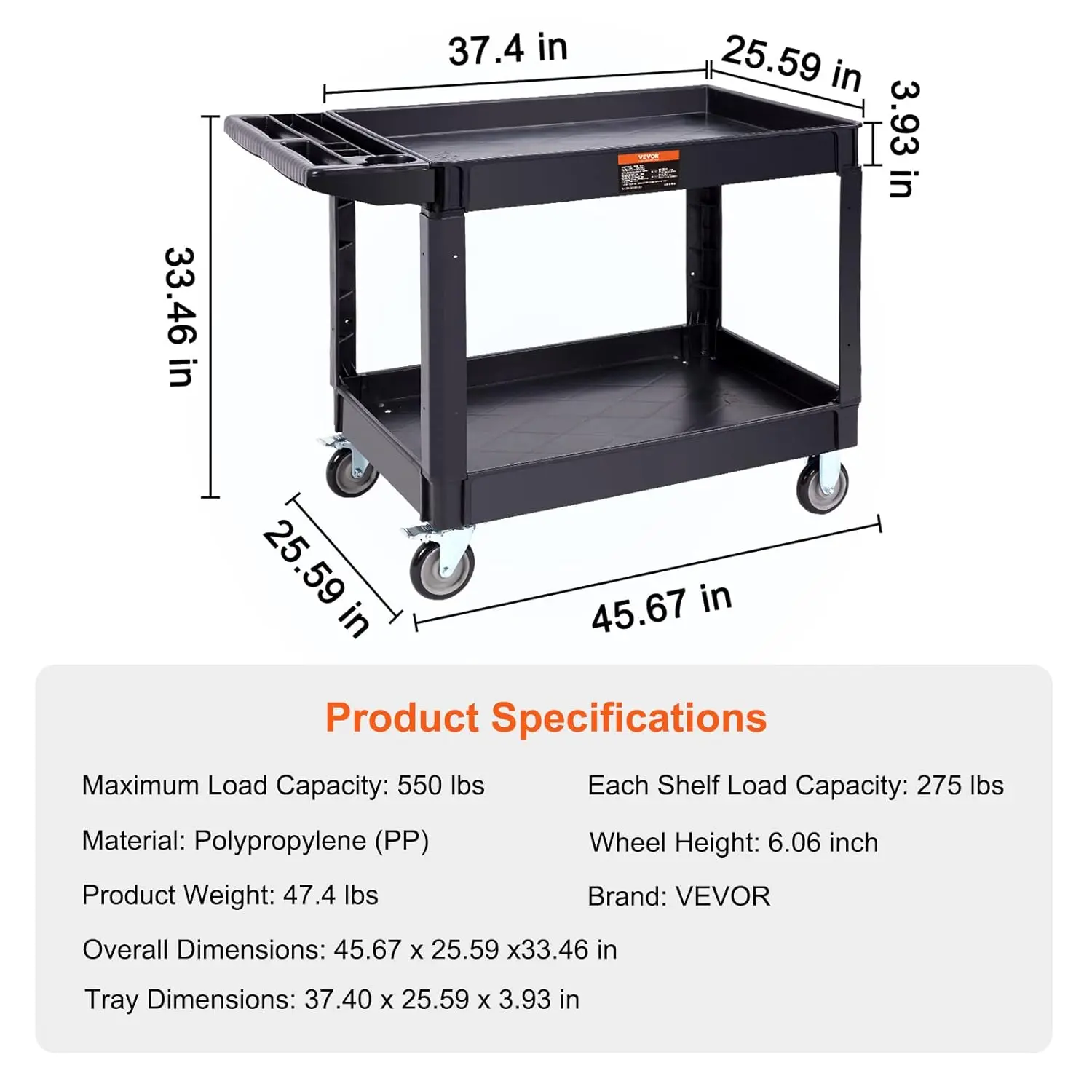 Utility Service Cart, 2 Shelf 550LBS Heavy Duty Plastic Rolling Utility Cart with 360° Swivel Wheels (2 with Brakes)