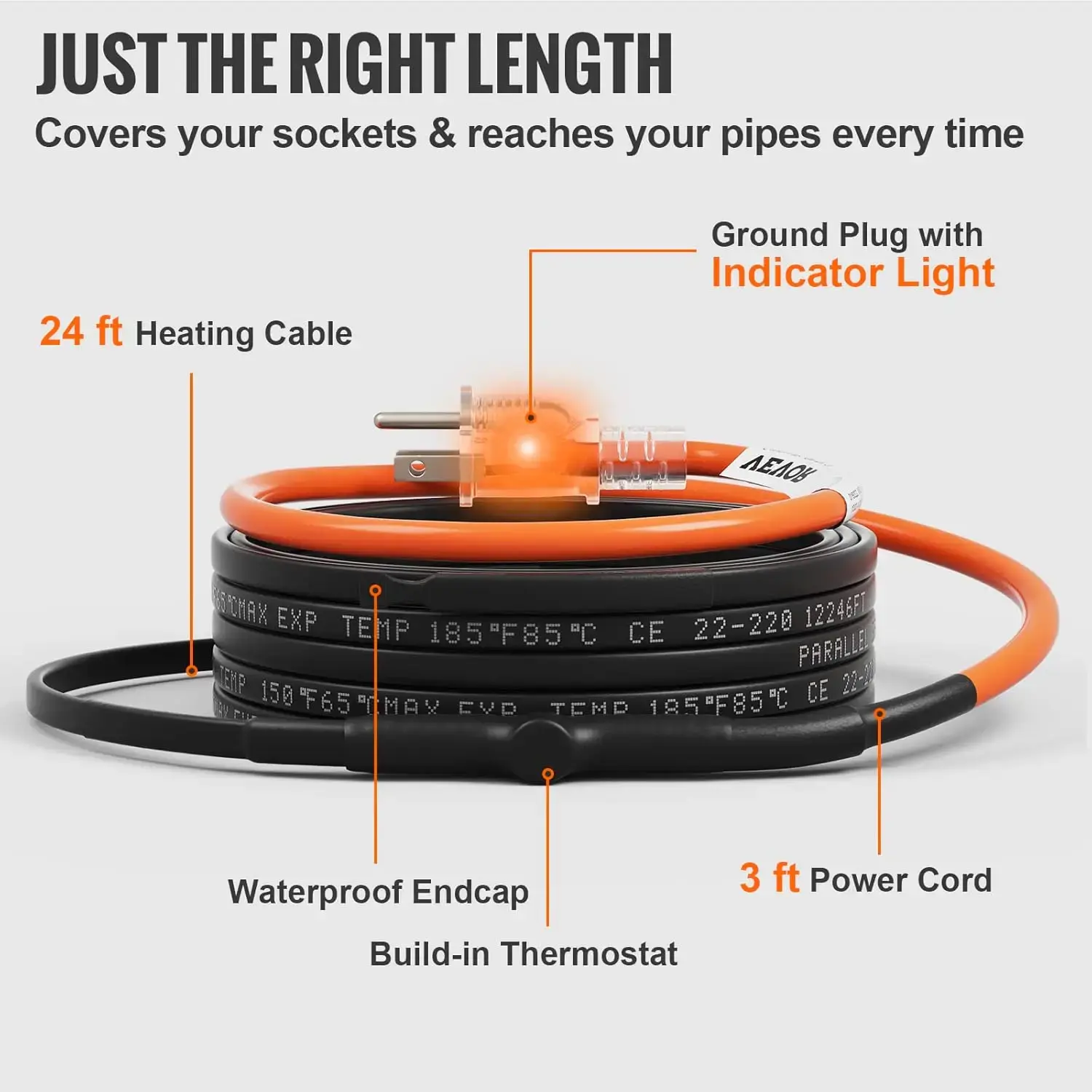 Self-Regulating Pipe Heating Cable, 24-feet 5W/ft Heat Tape for Pipes Freeze Protection, Protects PVC Hose