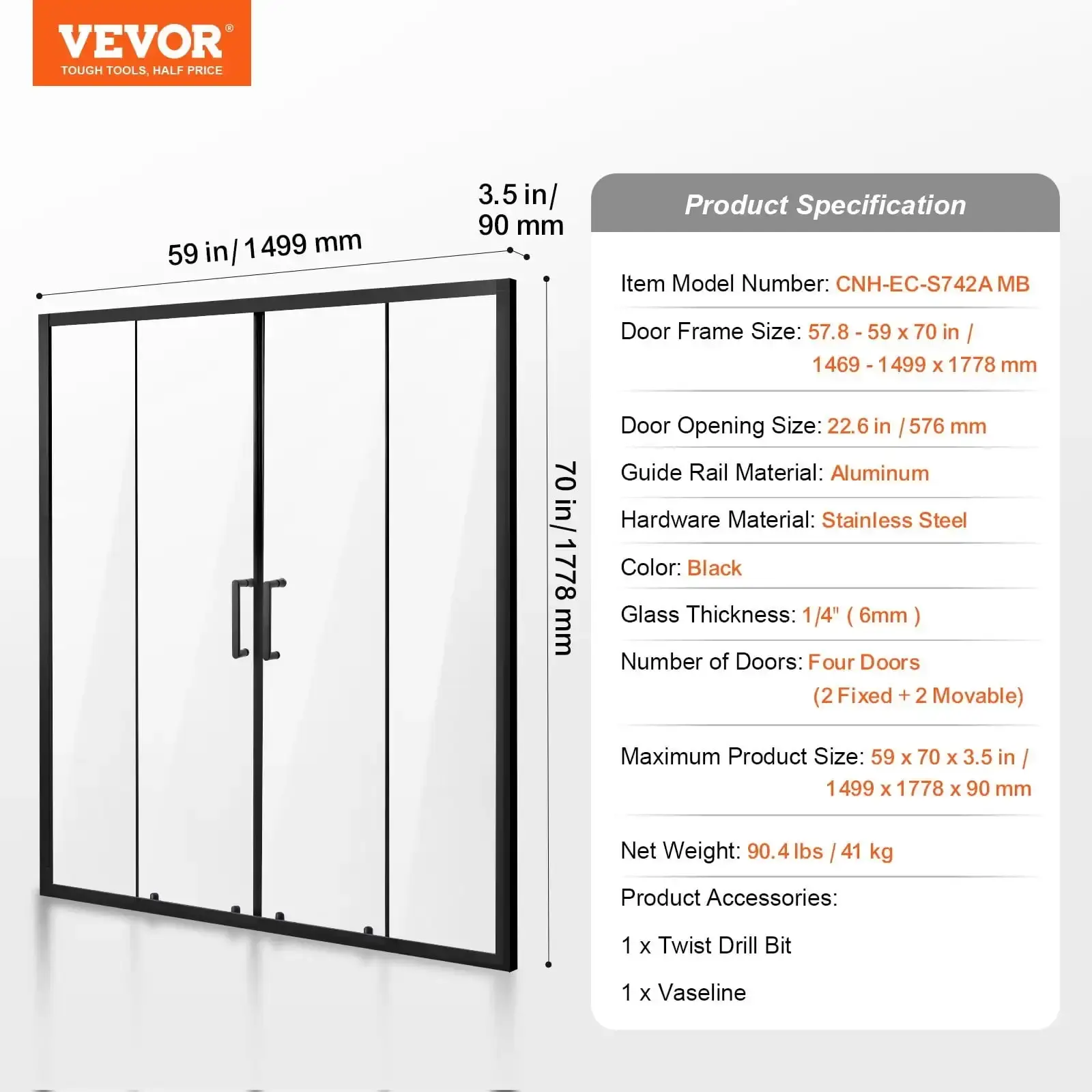 Semi-frameless Double Sliding Shower Door SGCC Tempered Glass Matte Black