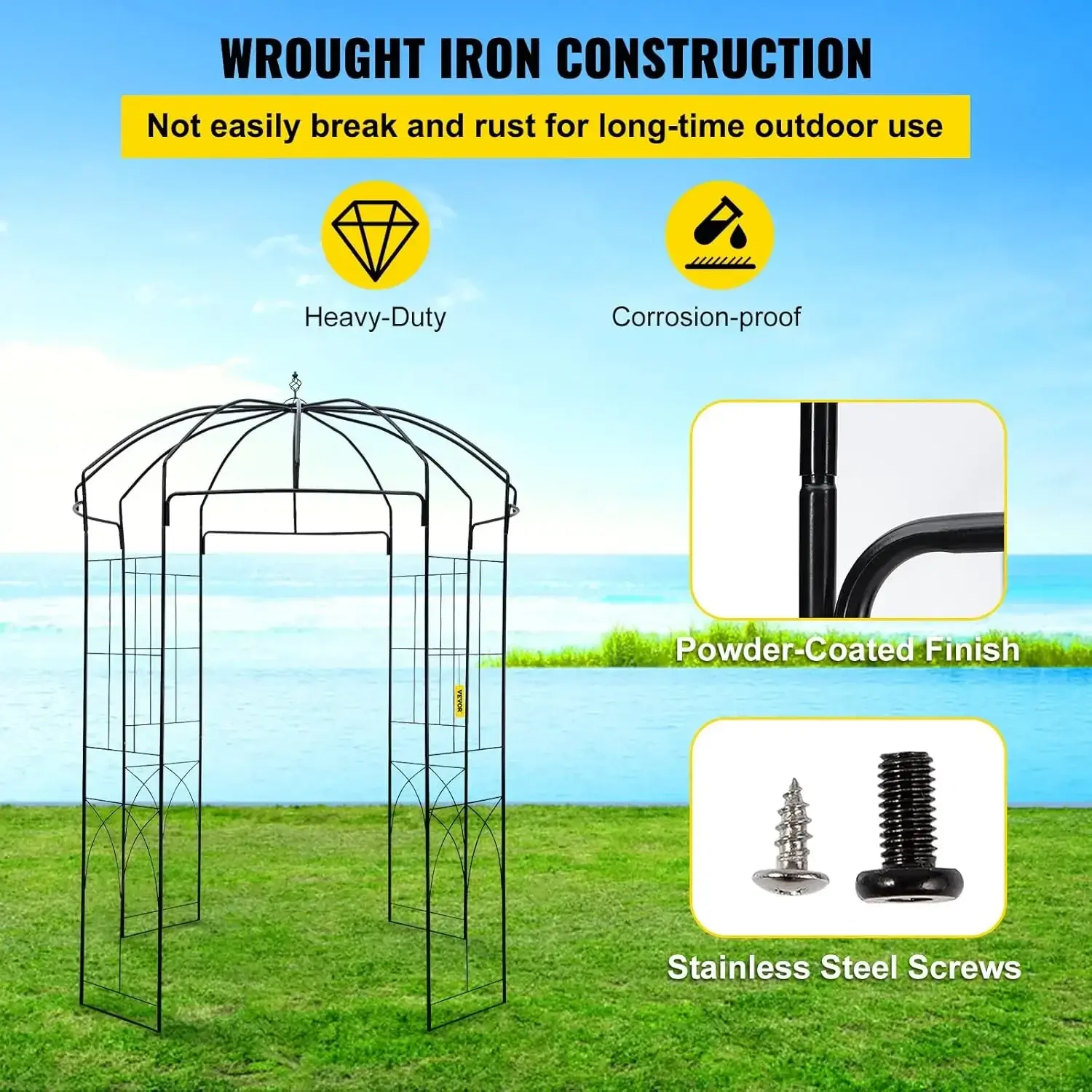 Birdcage Shape Garden Arch, 9' High x 6.6' Wide, Heavy Duty Wrought Iron Arbor