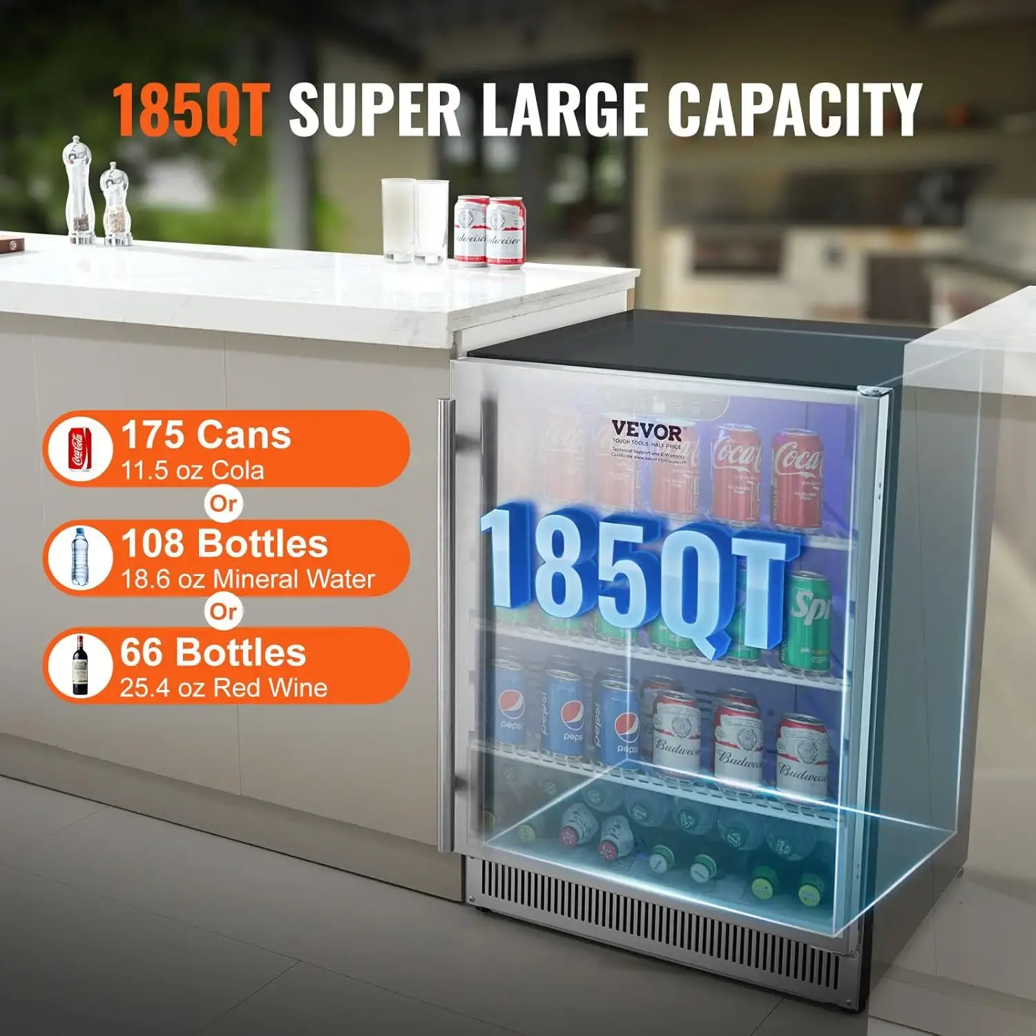 24 inch Indoor/Outdoor Beverage Refrigerator, 185QT Undercounter or Freestanding Beverage Fridge
