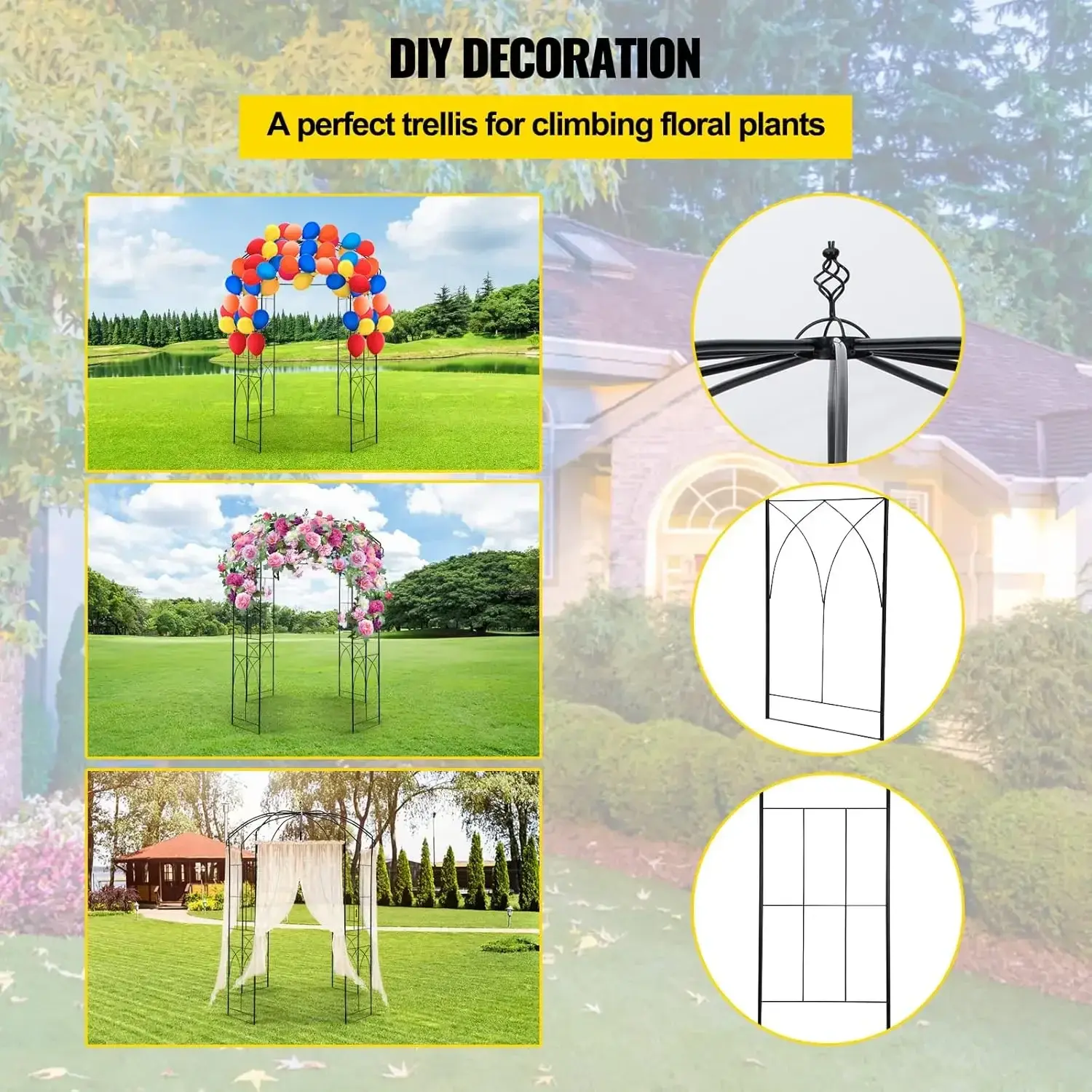 Birdcage Shape Garden Arch, 9' High x 6.6' Wide, Heavy Duty Wrought Iron Arbor
