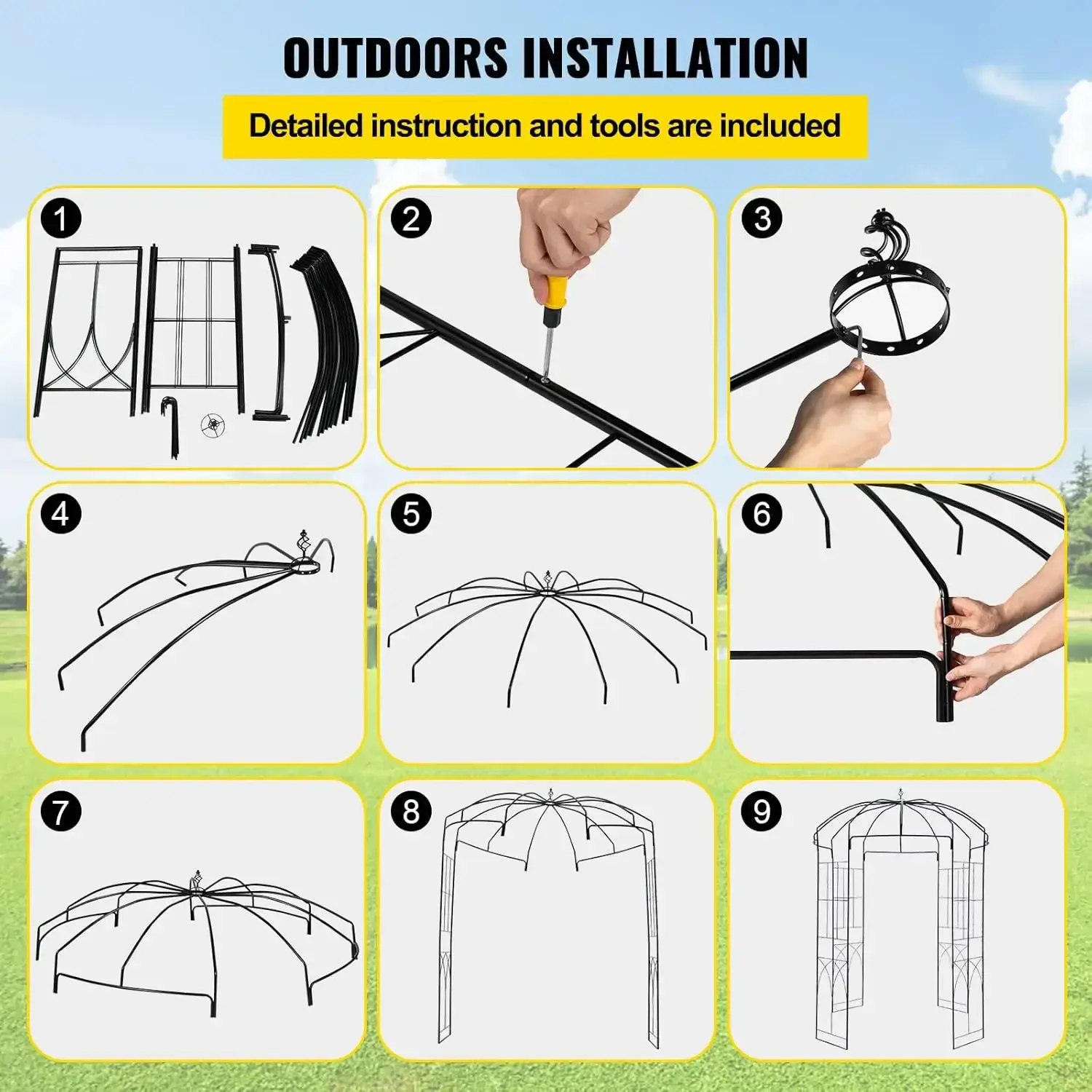 Birdcage Shape Garden Arch, 9' High x 6.6' Wide, Heavy Duty Wrought Iron Arbor