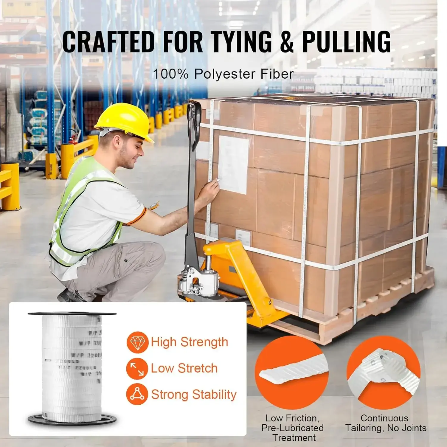 Polyester Pull Tape, 5/8" x 108' Mule Tape Flat Rope, 2200 lbf Tensile Capacity