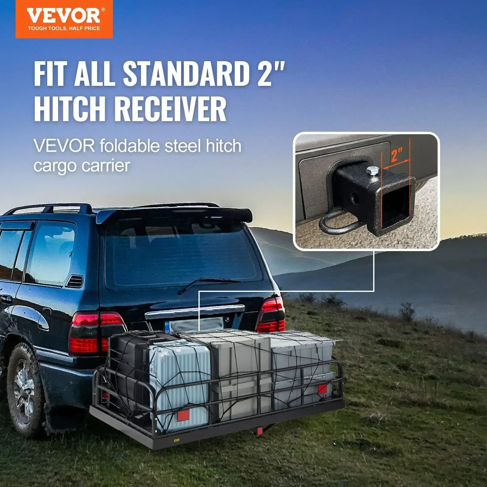 Hitch Cargo Carrier, 60 x 24 x 14 in Folding Trailer Hitch Mounted Steel Cargo Basket