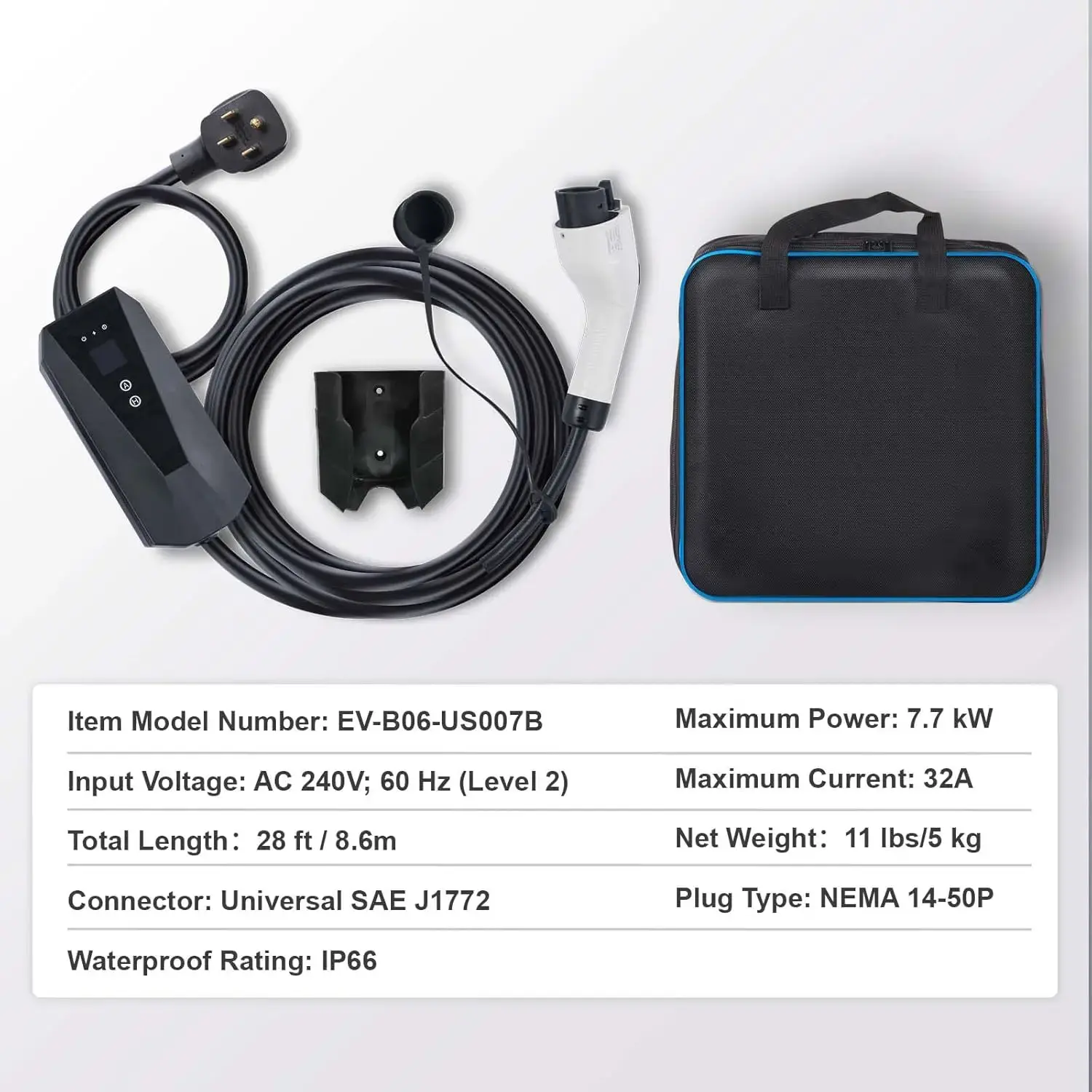 Level 2 Portable EV Charger, 32 Amp 240V, Electric Vehicle Charger with 28 ft Charging Cable NEMA 14-50P Plug
