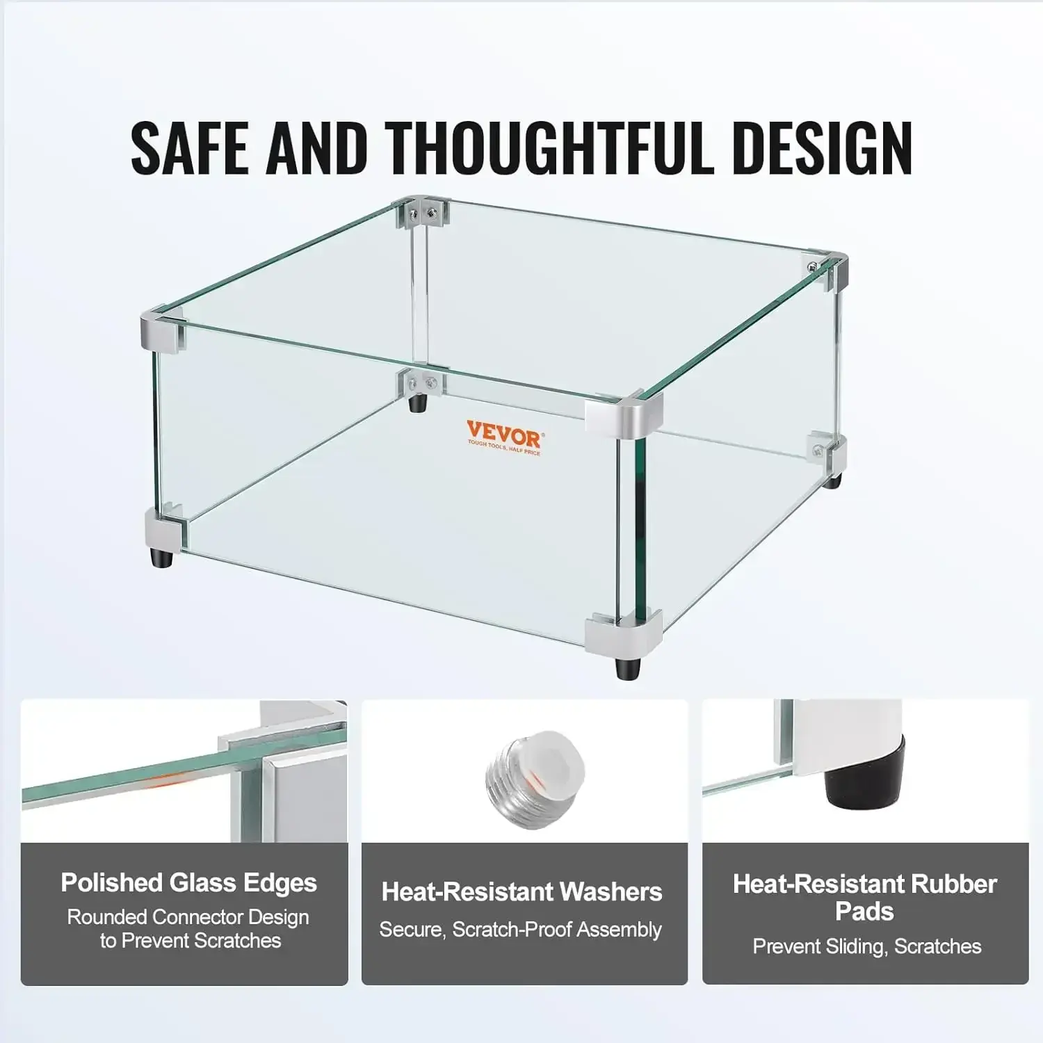 Gas Fire Pit Wind Guard for Square Fire Table, 19 x 19 x 7.5 inch Clear Tempered Wind Guard for Firepits