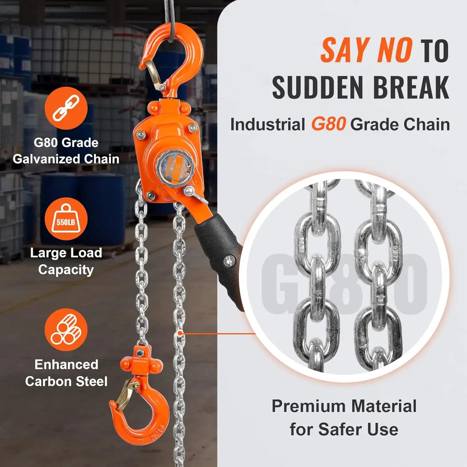 Manual Lever Chain Hoist, 1/4 Ton 550 lbs Capacity 5 FT Come Along, G80 Galvanized Carbon Steel with Weston Double-Pawl Brake