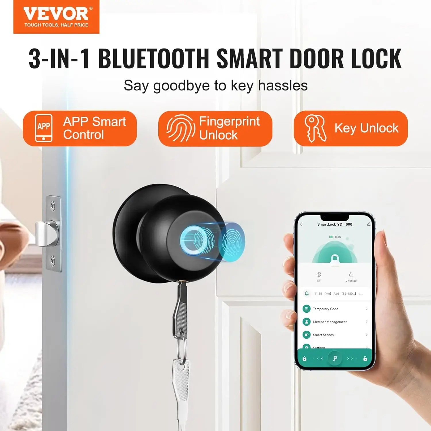 Smart Door Knob, Fingerprint Smart Lock with APP Control, Biometric Door Lock Bluetooth Smart Lock, Easy Installation Door Lock