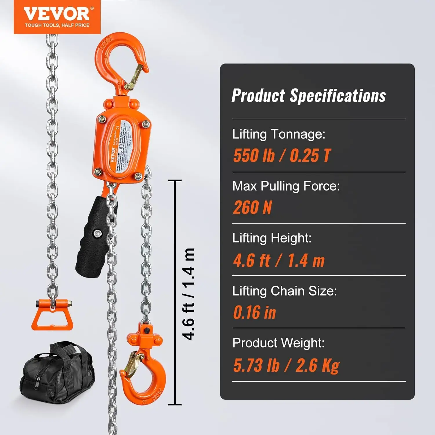 Manual Lever Chain Hoist, 1/4 Ton 550 lbs Capacity 5 FT Come Along, G80 Galvanized Carbon Steel with Weston Double-Pawl Brake