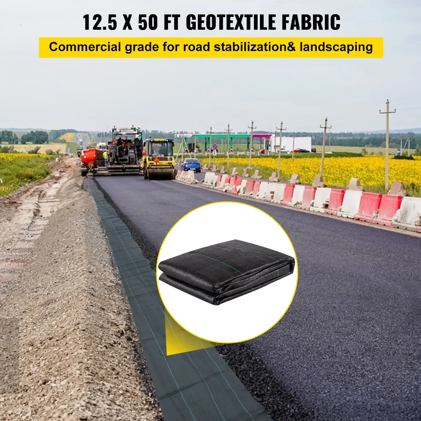 Geotextile Fabric, 12.5 x 50 ft 3.5oz Woven PP Driveway Drain Cloth, Weed Barrier Heavy Duty Underlayment, Black