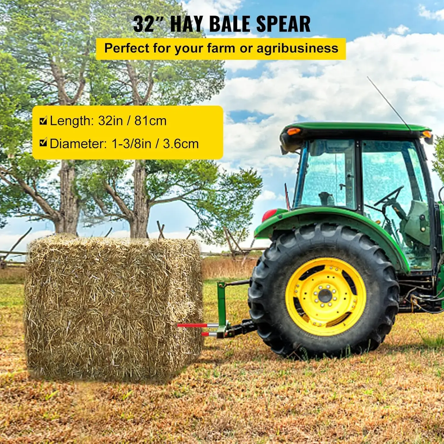 Hay Spear 32" Bale Spear 1350 lbs Capacity, Bale Spike Quick Attach Square Hay Bale Spears 1.4" wide
