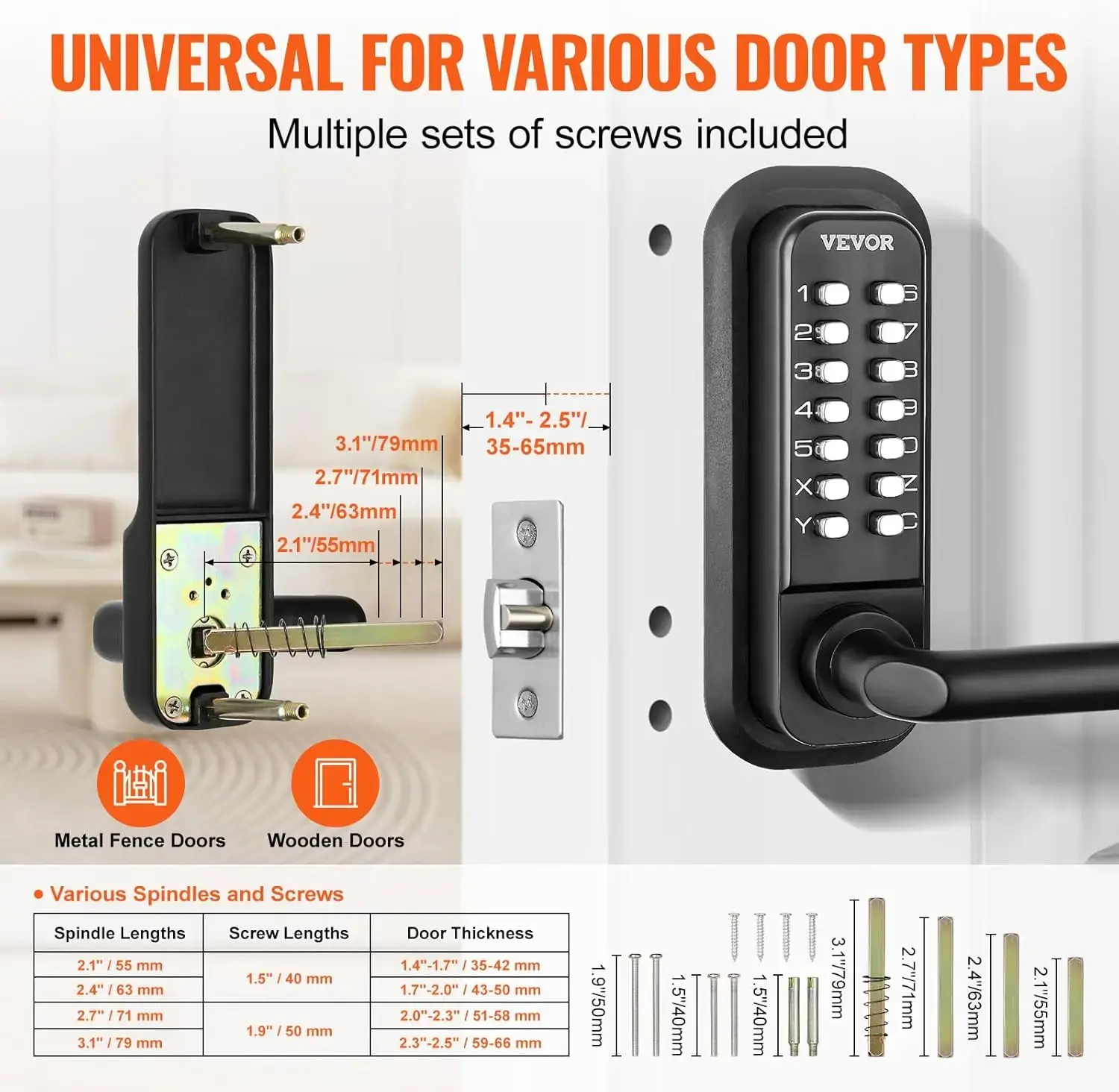 Mechanical Keyless Entry Door Lock, 14 Digit Keypad, Embedded Outdoor Gate Door Locks Set with Keypad and Handle