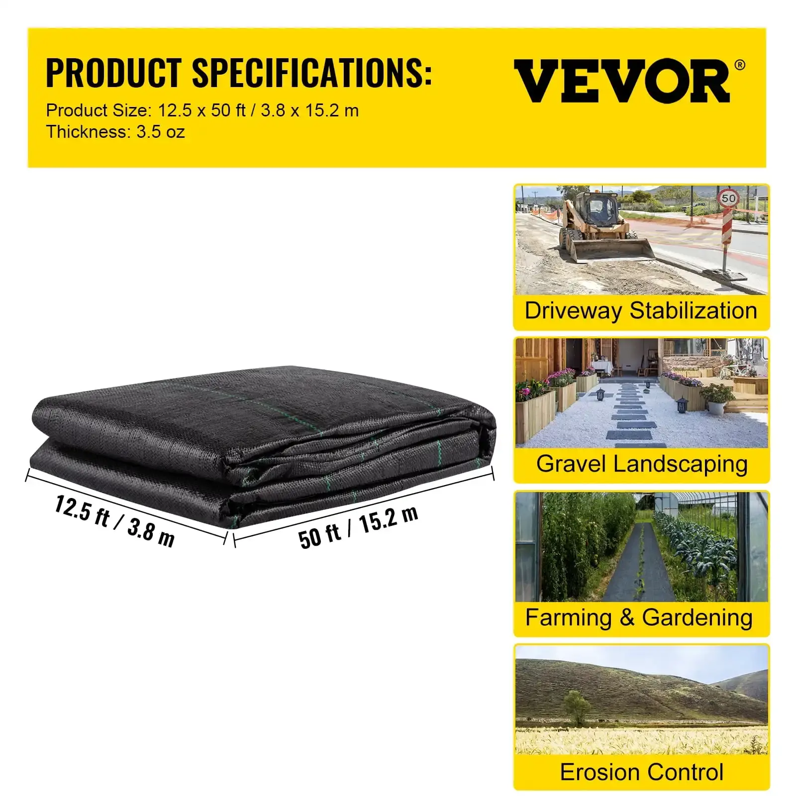 Geotextile Fabric, 12.5 x 50 ft 3.5oz Woven PP Driveway Drain Cloth, Weed Barrier Heavy Duty Underlayment, Black