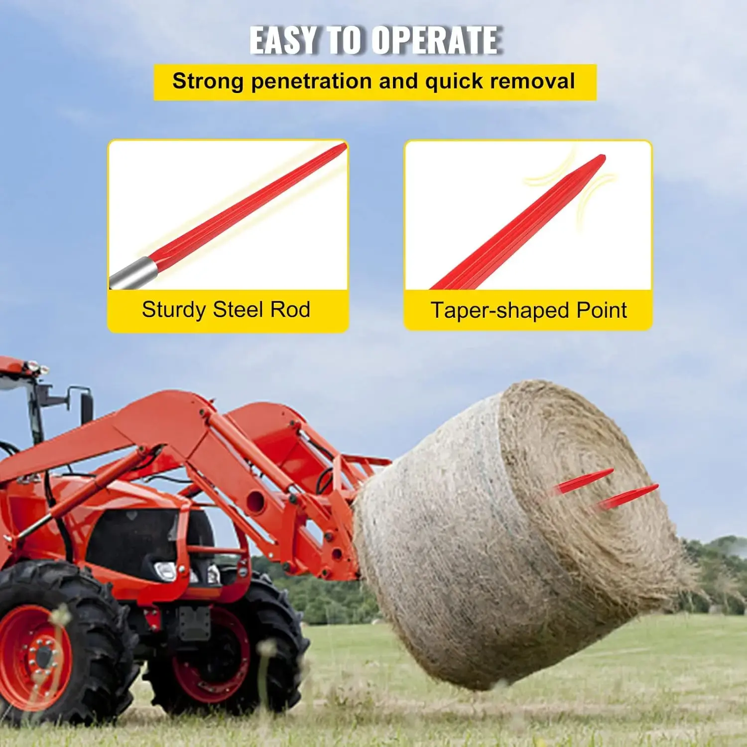Hay Spear 32" Bale Spear 1350 lbs Capacity, Bale Spike Quick Attach Square Hay Bale Spears 1.4" wide